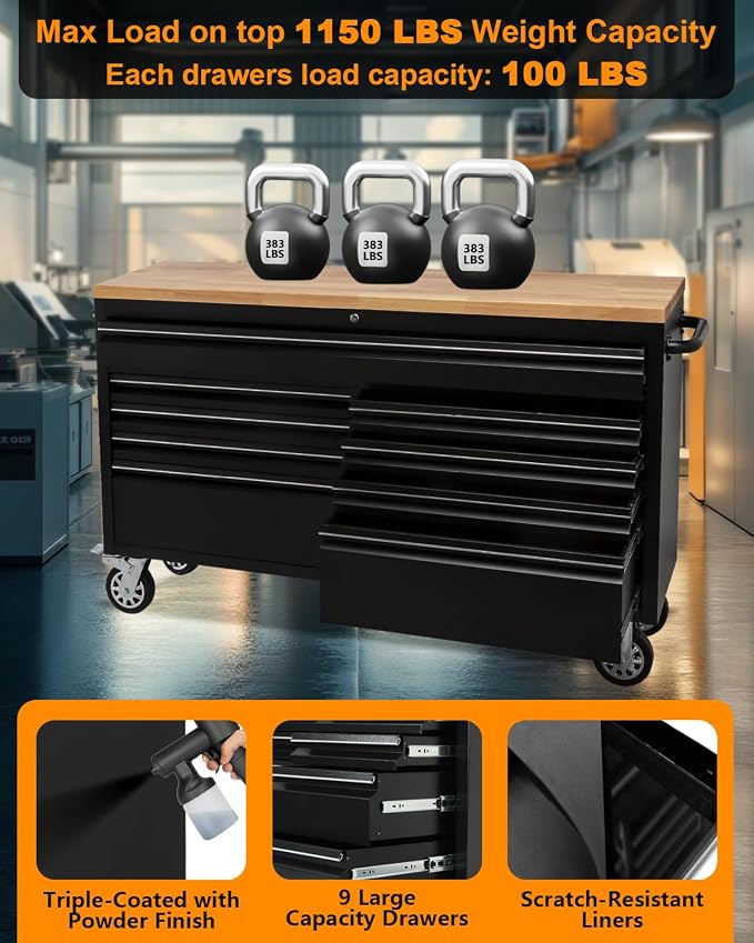 61-Inch Heavy-Duty Rolling Tool Chest & Mobile Workbench with 9 Drawers, Steel Storage Cabinet with Rubber Wood Top, Key Lock, Drawer Liners and Wheels for Garage, Workshop, Black