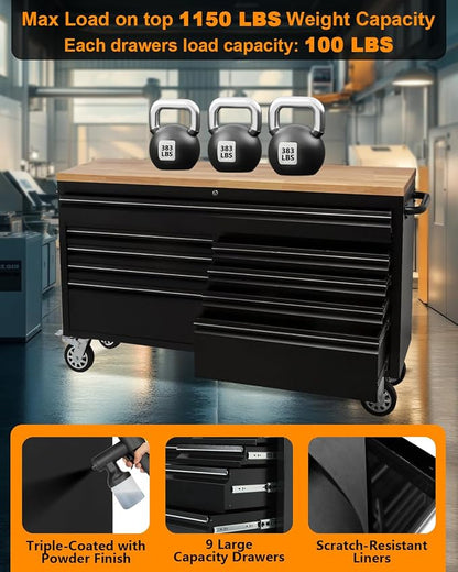 61-Inch Heavy-Duty Rolling Tool Chest & Mobile Workbench with 9 Drawers, Steel Storage Cabinet with Rubber Wood Top, Key Lock, Drawer Liners and Wheels for Garage, Workshop, Black