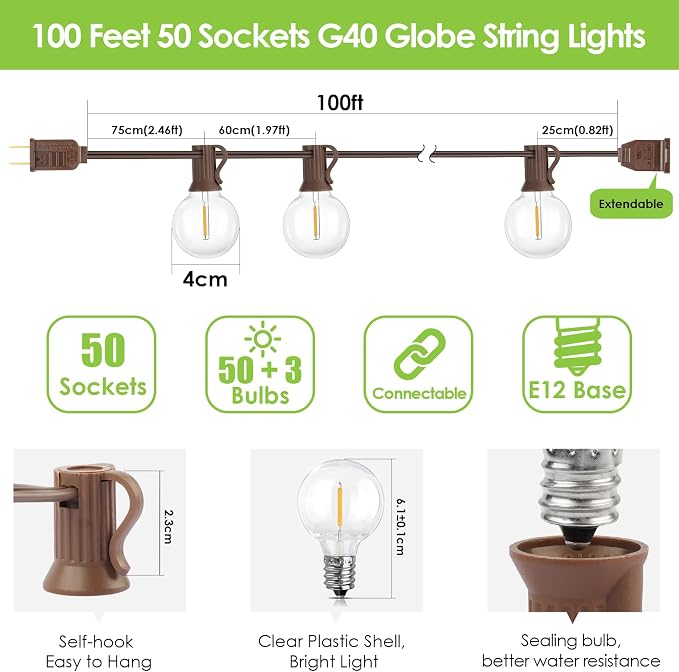 Mlambert 100Ft LED Outdoor String Lights, Dimmable G40 Globe Patio Lights with 50+3 Waterproof Shatterproof Bulbs for Backyard Porch-Brown Cord 1 Pack