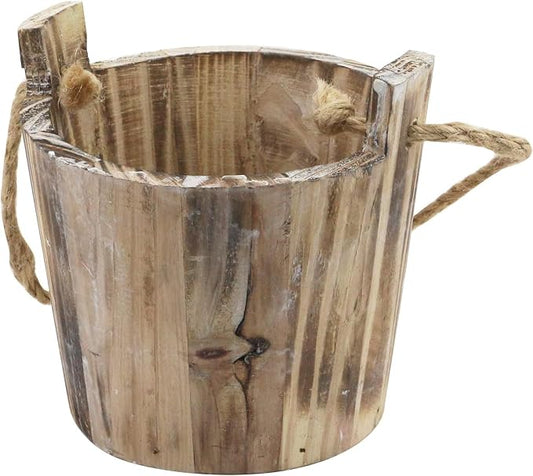MY MIRONEY 20 OZ Plant Pots, Vintage Wooden Barrel Planter - Solid Rustic Garden Flower Pot with Metal Handles & Frame for Indoor Planter, Office Home Decor, Garden Home Plants, 5.12" x 3.82"