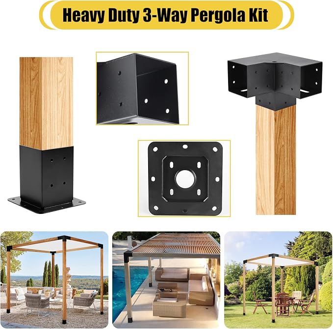 4 Pcs 4"x4" Pergola Brackets(Actual:3.6"x3.6") with 4 Pcs Post Base | 3 Way 90° Right Angle Corner Bracket|DIY Pergola Kit Support Patio Log Cabin Outdoor