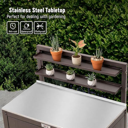Feasto Outdoor Potting Bench Table with Storage Cabinet, Brown | Stainless Steel Garden Workstation, Raised-Edge Top, Adjustable Shelf & Removable Hutch, Patio, Balcony & Outdoor Workspace