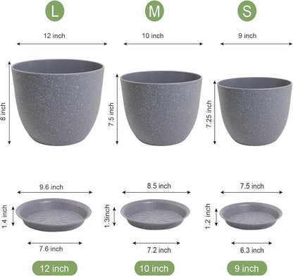 WSMKSZ 12/10/9 inch Large Plant Pots, 3 Pack Modern Decorative Plastic Planters with Drainage Holes and Saucer for House Garden Plants, Flower Pots for Indoor Outdoor Plants, Speckled Grey