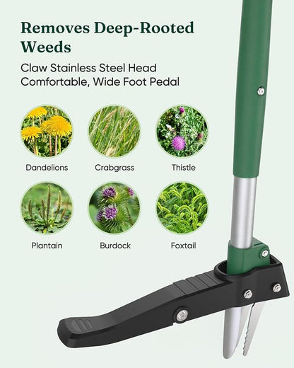 Grenebo Stand Up Weed Puller Tool, Claw Garden Weed Removal Tool with Eject Mechanism, Heavy-Duty Manual Weeder, Root Weed Remover Tool for Dandelion, Crabgrass & Weeds, Without Bending, or Kneeling