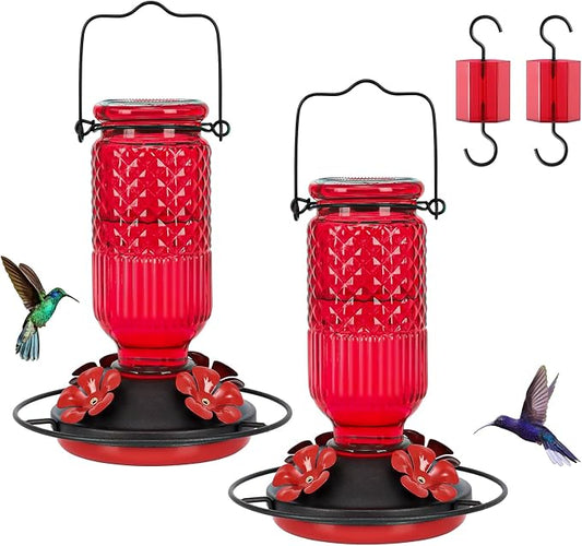 FEED GARDEN Glass Hummingbird Feeder for Outdoors Hanging, 16 oz Leak-Proof Nectar Feeder with Bee Guards & Ant Moat, 4 Metal Flower Feeding Ports, 360° Perch Ring, Easy Refill & Clean, Red