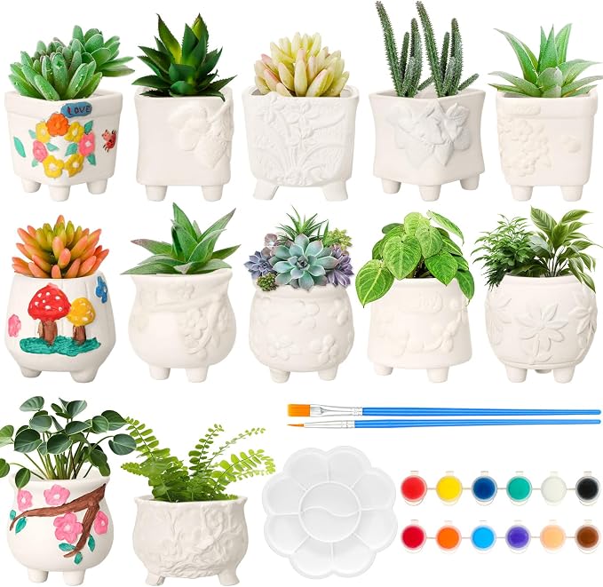 Hushee 12 Sets Ceramic Succulent Planters Paintable Succulent Plant Pots Small DIY Figurines Unpainted Pots with Drainage Hole Color Paints Paintbrushes Palettes