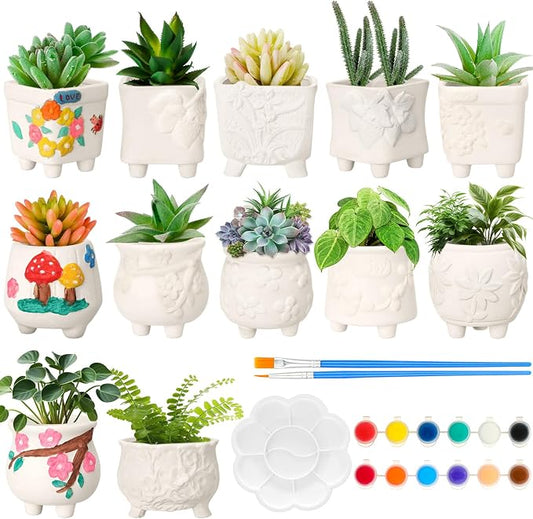 Hushee 12 Sets Ceramic Succulent Planters Paintable Succulent Plant Pots Small DIY Figurines Unpainted Pots with Drainage Hole Color Paints Paintbrushes Palettes