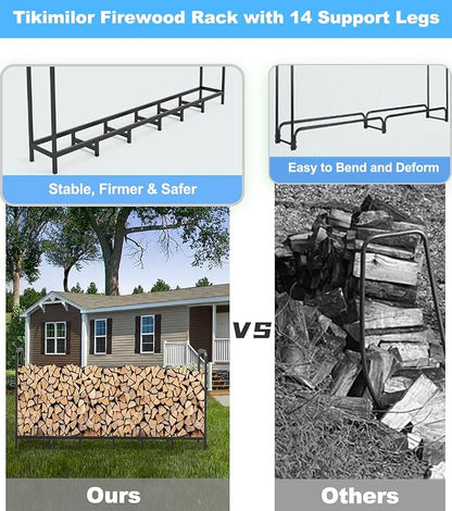 8ft Firewood Rack Holder, Adjustable Heavy Duty Fire Log Stacker Stand for Fireplace, Outdoor Indoor Metal Wood Pile Storage Organizer, Patio Logs Stand tool, Black