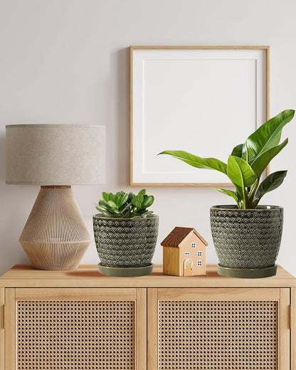 Plant Pots, Flower Pots, Planters for Indoor Plants(6.5+5.5inch), Flower Pots for Indoor Plant with Drainage Hole and Saucer, Ceramic Pots for Plants with Hole Mesh Pad,Reactive Glaze Green