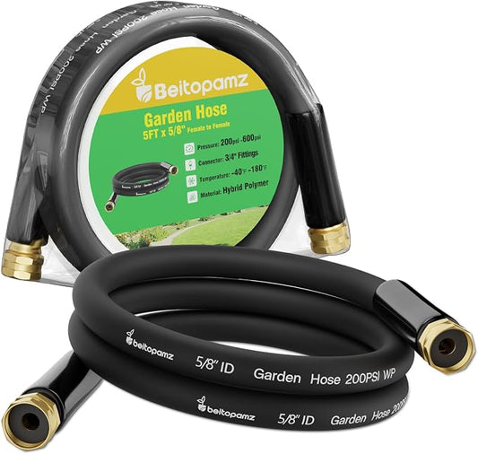Beitopamz Short Garden Hose 5 ft x 5/8" Female to Female, Heavy Duty Small Water Hose Extender Connector, Leak-Free Connections Hybrid Rubber Leader Hose with 3/4" Double GHT Fittings, Black