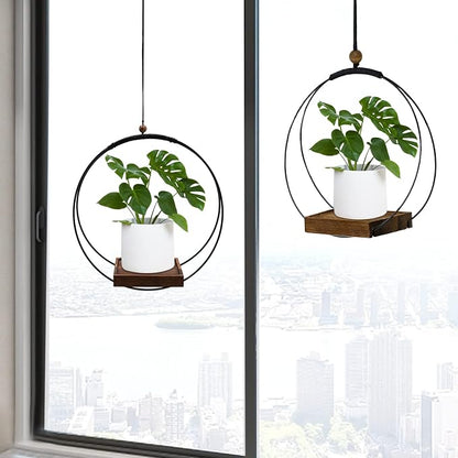 hismocal 2 Pack Hanging Planter for Indoor Plants, Black Plant Hanger with Sturdy Wood Base, Modern Boho Macrame Hanger, Wall Ceiling Window Planter (Plants/Pots Not Included)