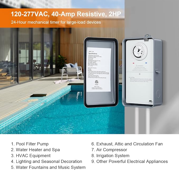 SURAIELEC Pool Timer, 24 Hour Mechanical Pump Timer, 40 AMP, 120, 240, 277 VAC, Outdoor Heavy Duty Metal Casing Pool Control, Electric Clock Switch Box for Pump, Water Heater, Spa, Hot Tub