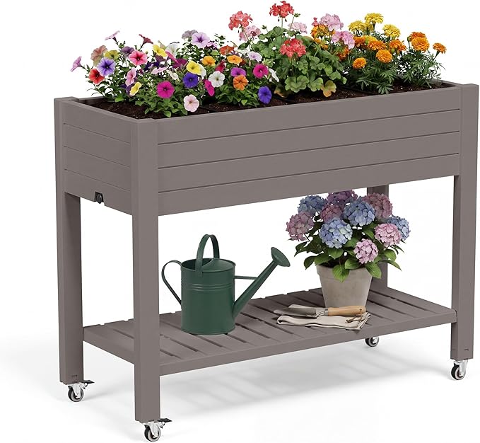 Fancyango Raised Garden Bed with Wheels 33.7" H -Gray | Resin Elevated Garden Planter Box with Drainage, Outdoor Planter Box for Veggies Herbs Patio Balcony Backyard