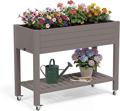 Fancyango Raised Garden Bed with Wheels 33.7" H -Gray | Resin Elevated Garden Planter Box with Drainage, Outdoor Planter Box for Veggies Herbs Patio Balcony Backyard