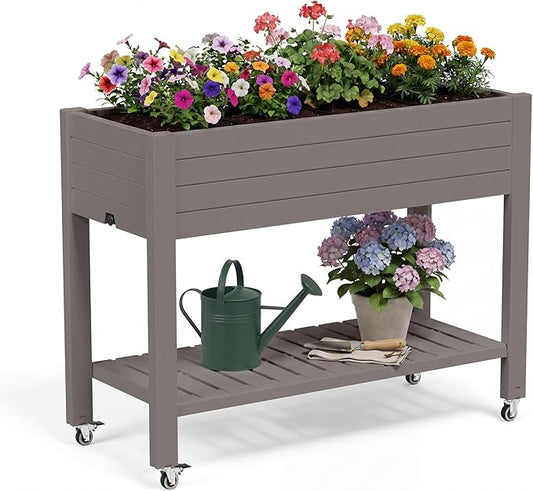 Fancyango Raised Garden Bed with Wheels 33.7" H -Gray | Resin Elevated Garden Planter Box with Drainage, Outdoor Planter Box for Veggies Herbs Patio Balcony Backyard