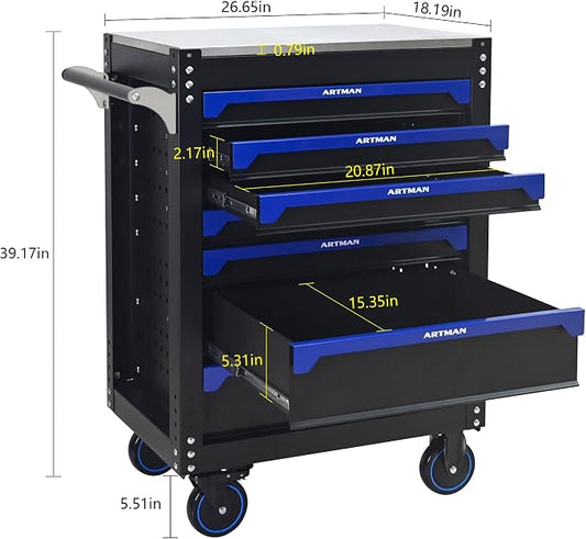 7-Drawer Rolling Tool Chest, Iron Top for Garage, Black&Blue | Heavy Duty Mobile Tool Cabinet with Drawers, Large Metal Tool Box Organizer for Repair Shop and Storage
