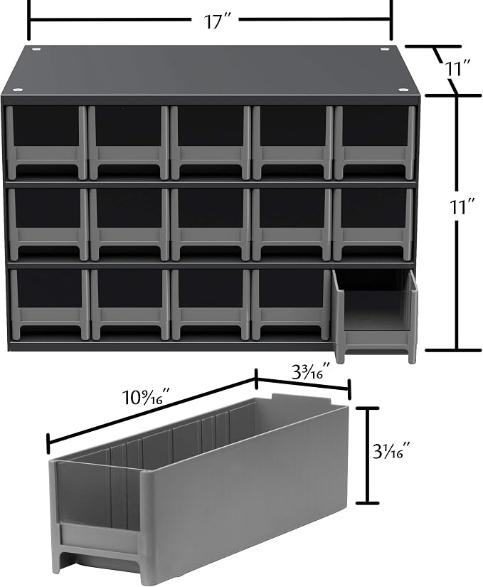 Akro-Mils Steel Garage Storage Cabinet, Small Parts Organizer Metal Cabinet for Hardware, Nails, Screws, Bolts, Nuts, and More, 17" W x 11" D x 11" H, 15-Drawer, Gray Cabinet/Blue Drawers (19715)