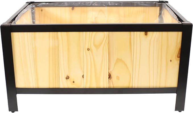 Sunnydaze Steel-Framed Acacia Wood Rectangular Planter Box - 15.5" H Wooden Raised Garden Bed with Removable Planter Bag - Natural