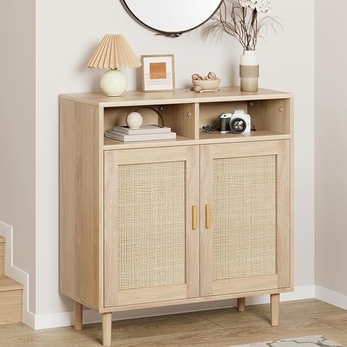 Garvee 36" Modern Rattan Sideboard Cabinet - 2-Door Storage Buffet with Shelf, Boho TV Stand & Coffee Bar for Dining Room, Kitchen & Entryway