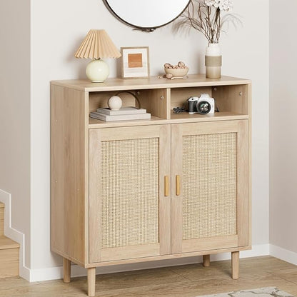 Garvee 36" Modern Rattan Sideboard Cabinet - 2-Door Storage Buffet with Shelf, Boho TV Stand & Coffee Bar for Dining Room, Kitchen & Entryway