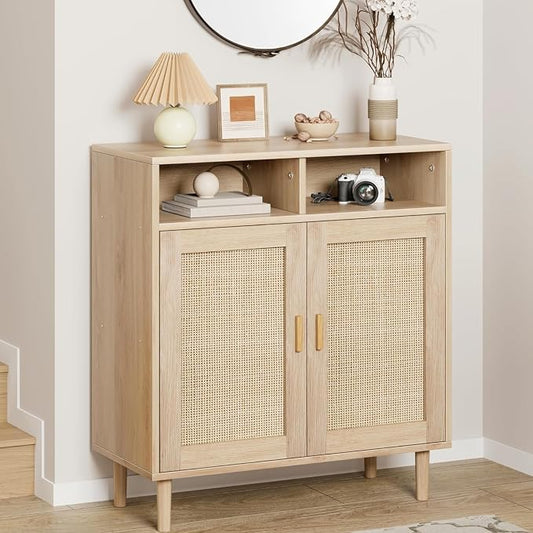 Garvee 36" Modern Rattan Sideboard Cabinet - 2-Door Storage Buffet with Shelf, Boho TV Stand & Coffee Bar for Dining Room, Kitchen & Entryway