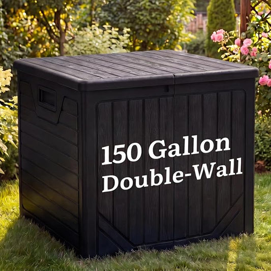 YITAHOME 150 Gallon Large Outdoor Storage Box w/Double Wall | Waterproof Deck Box with Hydraulic Piston for Garden Tools, Pool Accessories & Cushions, Resin Deck Organizer with Bench