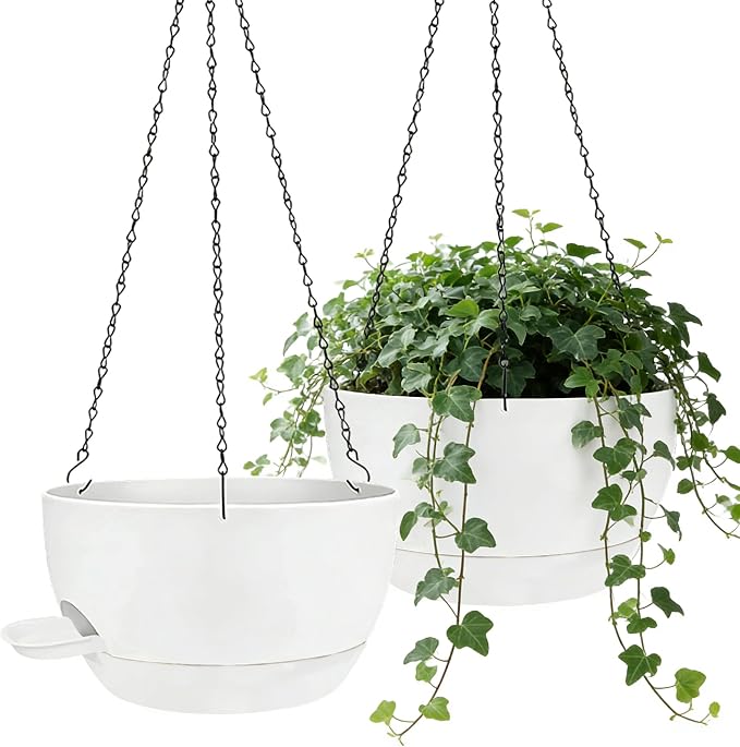 12 Inch Self Watering Hanging Planters 2 Pack, White | Plastic planters with drainage holes and saucers. Suitable for indoor, outdoor, kitchen, balcony and garden plant decor.