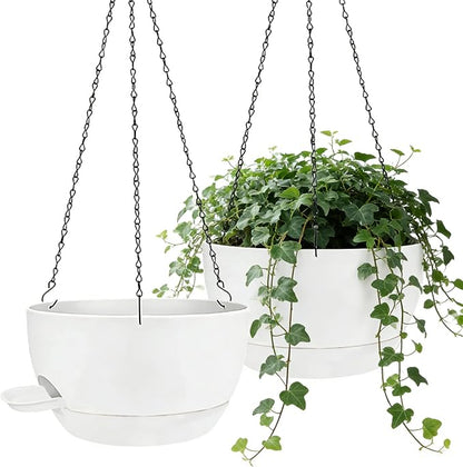 12 Inch Self Watering Hanging Planters 2 Pack, White | Plastic planters with drainage holes and saucers. Suitable for indoor, outdoor, kitchen, balcony and garden plant decor.