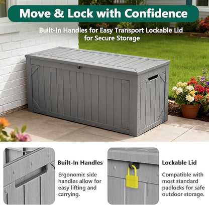 Outdoor Storage Box, 98 Gallon Deck Box, Outdoor Storage Bench, Waterproof Resin Storage Bench with Lockable Lid, Patio Furniture Cushions & Garden Tools Storage, UV Resistant (Gray)
