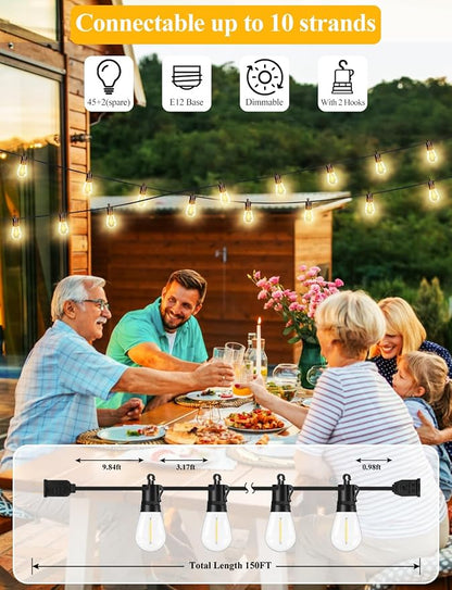 Brightever 150FT Outdoor String Lights, Patio Lights with 45+2 S14 Shatterproof E12 Base LED Bulbs, Outside Hanging Decorative Lights Waterproof for Porch, Balcony, Backyard, Bistro, 2700K Dimmable