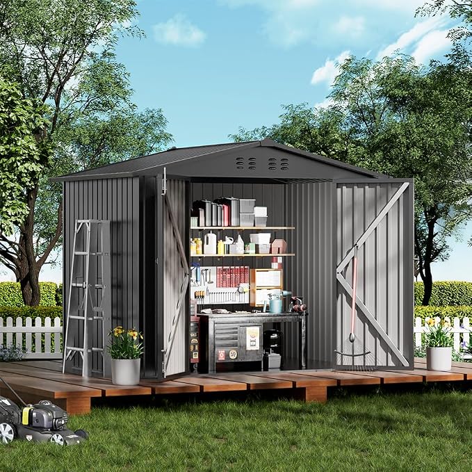 COMHOMA Shed Outdoor Storage Shed Metal,Lockable Doors Tool Sheds with Sloping Roof,Steel Garden Shed with Air Vent for Backyard,Patio,Lawn,Poolside(Grey,8'x6') | Sloping Roof and Air Vent Perfect for Backyard Patio Lawn and Poolside