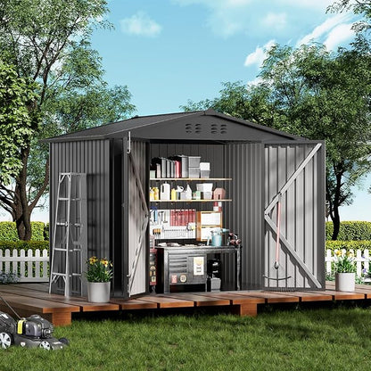 COMHOMA Shed Outdoor Storage Shed Metal,Lockable Doors Tool Sheds with Sloping Roof,Steel Garden Shed with Air Vent for Backyard,Patio,Lawn,Poolside(Grey,8'x6') | Sloping Roof and Air Vent Perfect for Backyard Patio Lawn and Poolside