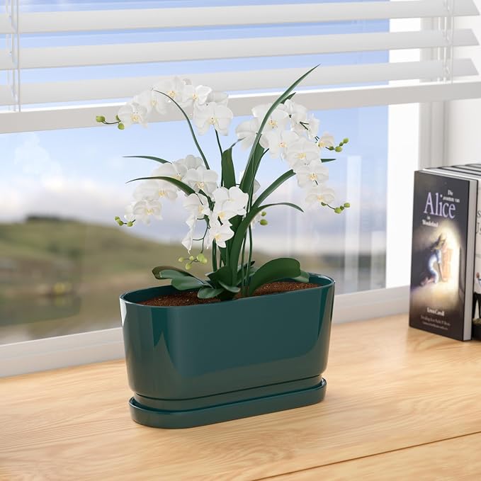 13" Rectangular Ceramic Planter with Drainage and Saucer, Green | Indoor Outdoor Use, 13"L x 5.5"W x 6.3"H, Modern Home Decor, Window Box Planter, Green Glossy Finish