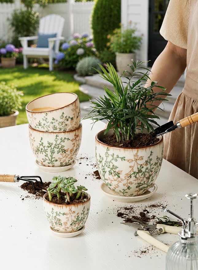 Retro Ceramic Garden Pots, 5.8 Inch Plant Pots with Drainage and Attached Saucer Set of 4, Chinoiserie Floral Large Flower Pots for Home Decor, Plant Lover Gifts, White Green