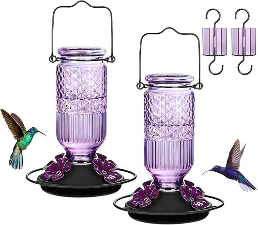 FEED GARDEN Glass Hummingbird Feeder for Outdoors Hanging, 16 oz Leak-Proof Nectar Feeder with Bee Guards & Ant Moat, 4 Metal Flower Feeding Ports, 360° Perch Ring, Easy Refill & Clean, Purple 2 Pack