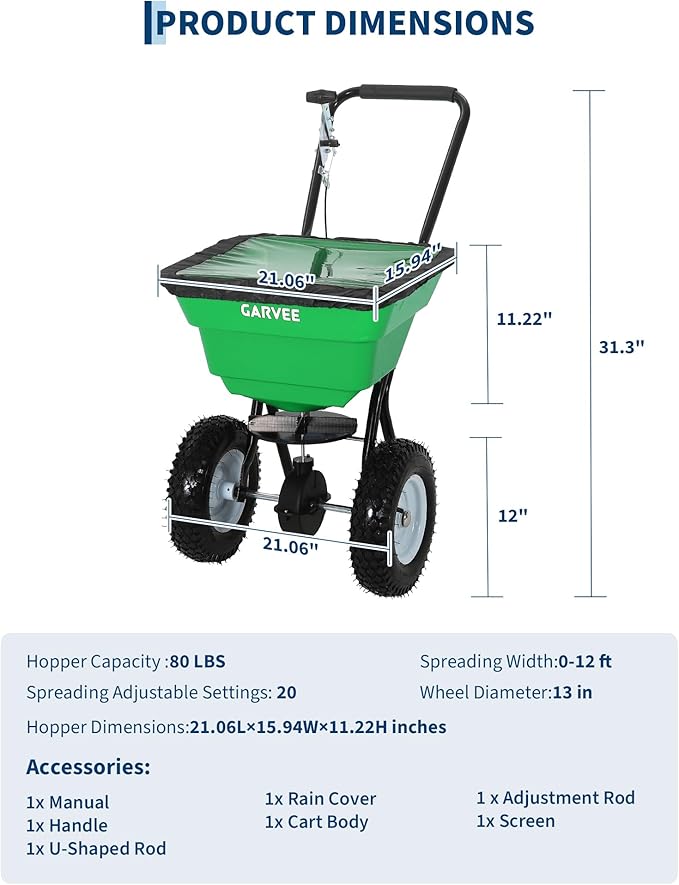80 LBS Push Broadcast Spreader, 12FT Spreading Width, 13in All-Terrain Wheels, Adjustable Flow Control, Heavy Duty Walk Behind Lawn Spreader for Fertilizer, Grass Seed, Ice Melt, Salt