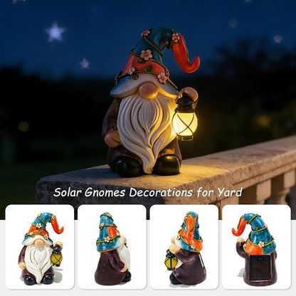 Suyorpe Garden Gnomes Statues with Solar LED Light - Mini 4.9 inch Gnome Sculptures for Porch Balcony Patio Yard Lawn Balcony Home Decor Mother's Day Birthday Gifts for Women
