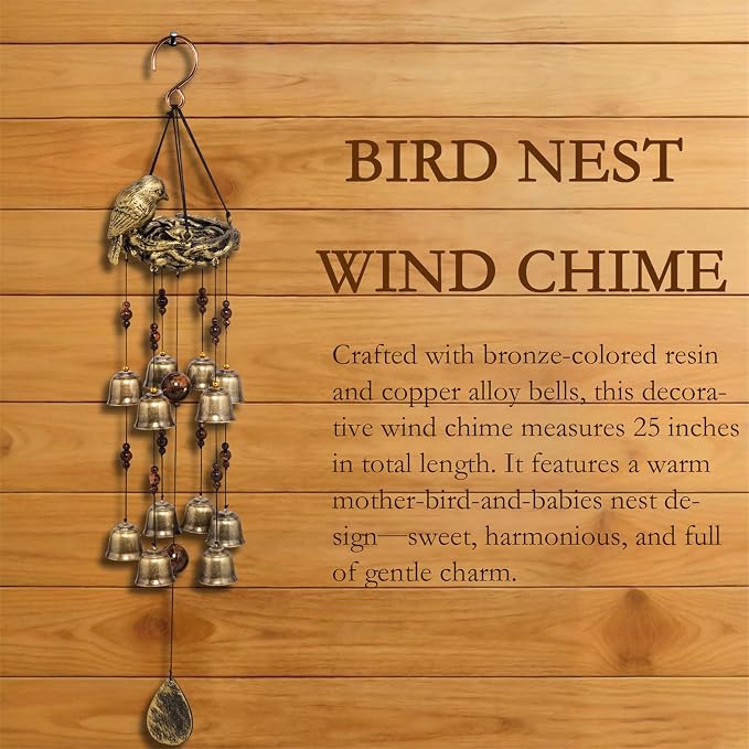 Bird Nest Wind Chime, A Mother‘s Love in Every Breeze | 25” Bronze Resin Nest with 12 Wind Bells, Soothing Gift for Mother's Day, Garden, Yard, Patio Decor