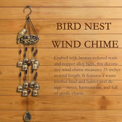 Bird Nest Wind Chime, A Mother‘s Love in Every Breeze | 25” Bronze Resin Nest with 12 Wind Bells, Soothing Gift for Mother's Day, Garden, Yard, Patio Decor