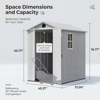 Devoko 4×6 FT Resin Storage Sheds with Floor, Plastic Outdoor Tool Shed with Windows, Waterproof Outside Sheds and Lockable Doors for Backyard Lawn Garden, Light Gray