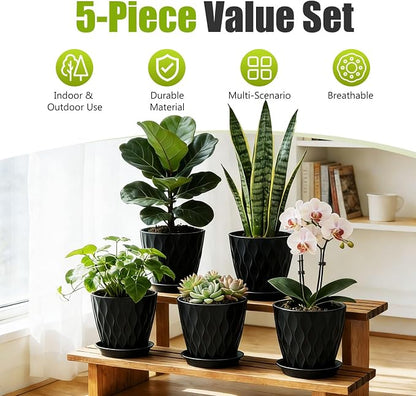 8 Inch Plastic Plant Pots,Set of 5 Flower Pots,Planters with Drainage Holes & Saucers, Indoor Outdoor Garden Pots for Home Decor (Black)