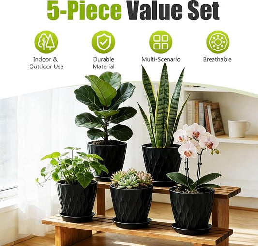 8 Inch Plastic Plant Pots,Set of 5 Flower Pots,Planters with Drainage Holes & Saucers, Indoor Outdoor Garden Pots for Home Decor (Black)