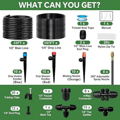 230FT Drip Irrigation System for Garden with 38pcs Adjustable Copper Nozzles & Emitters, Automatic Garden Watering System with 1/2" & 1/4" Tubing for Raised Bed, Yard, Greenhouse, Potted Plants, Lawn