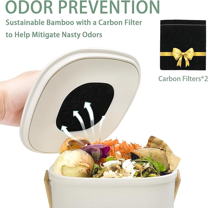 MUMTOP Bamboo Fiber Compost Bin Kitchen Countertop Compost Bin with lid – Small Compost Bin Made of Sustainable Bamboo Fiber Includes Charcoal Filter