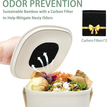 MUMTOP Bamboo Fiber Compost Bin Kitchen Countertop Compost Bin with lid – Small Compost Bin Made of Sustainable Bamboo Fiber Includes Charcoal Filter