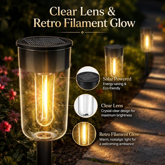 Qualdout 8 Pack Solar Pathway Lights Outdoor, Warm White Solar Garden Lights, IP65 Waterproof Solar Powered Landscape Lights with Auto On/Off, Clear Lens Path Lights for Walkway Yard Patio Driveway