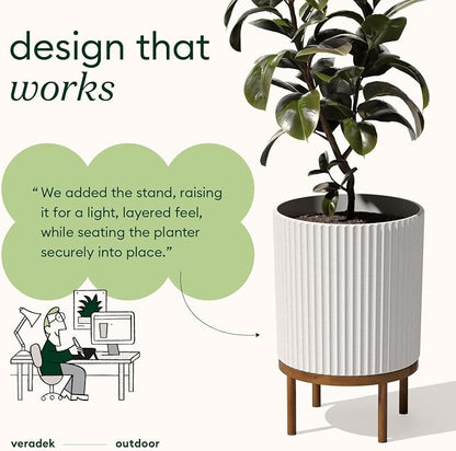 Veradek Demi 16 in. Raised with Stand Round White Plastic Planter with Brown Stand DMSTV16WBR