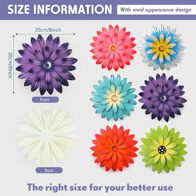 Zhehao 6 Pcs Metal Flower Wall Art Decor 8 Inch Sunflower Wall Decorations Hanging Outdoor Art Multicolored Handmade Metal Flowers Outdoor Decor(Vivid Color)