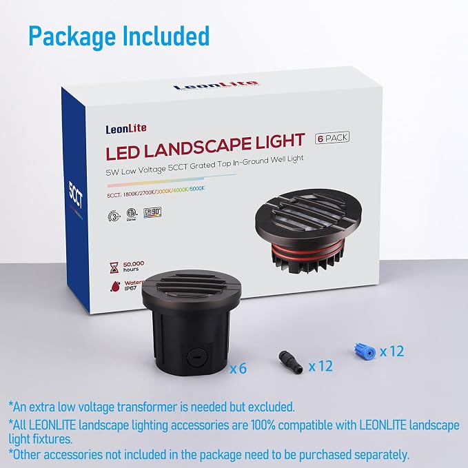 LEONLITE 6-Pack Dia. 4 Inch 5CCT Well Light Grated Top Oil Rubbed Bronze | 1800K/2700K/3500K/4000K/5000K, 12-24V AC/DC, CRI90, Landscape LED In Ground Outdoor, Low Voltage Garden Landscaping, Aluminum