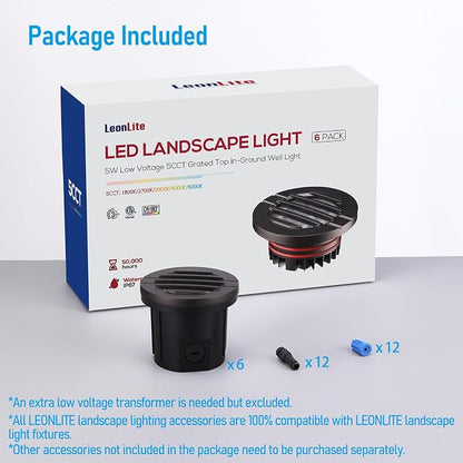 LEONLITE 6-Pack Dia. 4 Inch 5CCT Well Light Grated Top Oil Rubbed Bronze | 1800K/2700K/3500K/4000K/5000K, 12-24V AC/DC, CRI90, Landscape LED In Ground Outdoor, Low Voltage Garden Landscaping, Aluminum